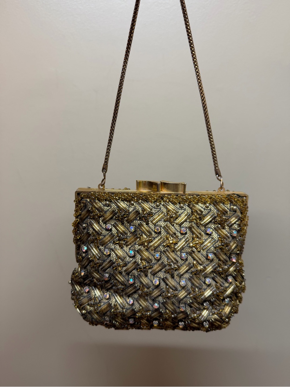 Vtg WALBORG Gold BEADED Rhinestones Bag Purse Clutch EVENING 50s Hong Kong